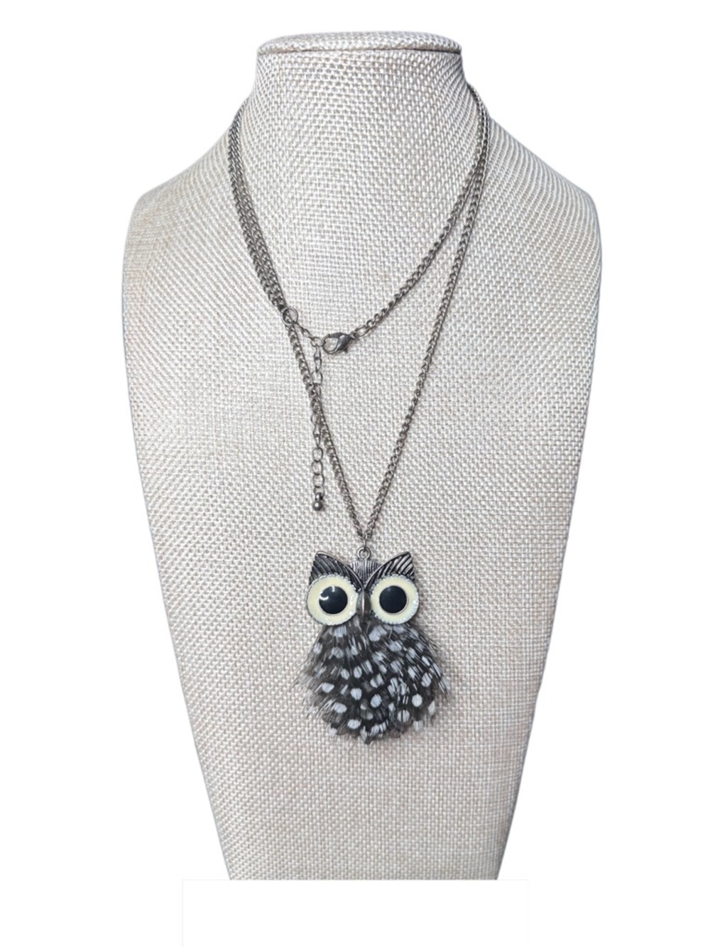 Owl Pendant Necklace - Black & White Feather Charm